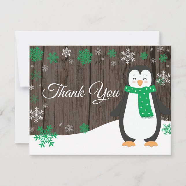 Winter Penguin Green Snowflake Thank You Card (Front)
