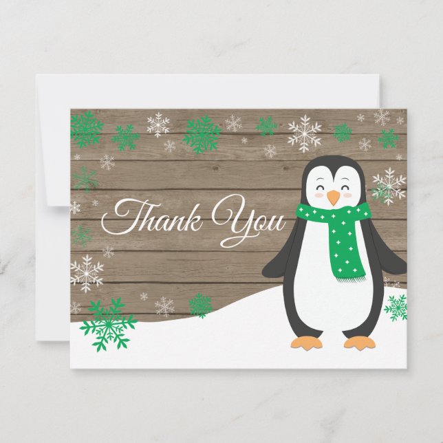 Winter Penguin Green Snowflake Thank You Card (Front)