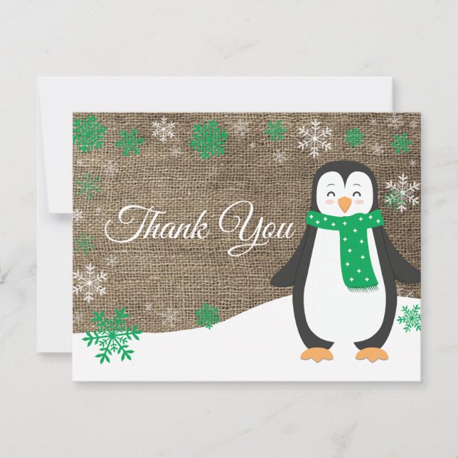 Winter Penguin Green Snowflake Thank You Card (Front)