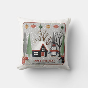 Winter penguin, Happy Holidays and snowflake Throw Pillow