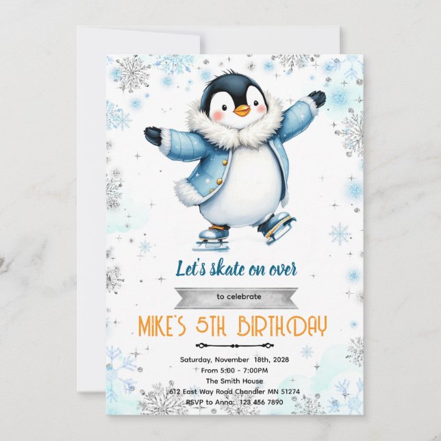 Winter penguin ice skate theme invite (Front)