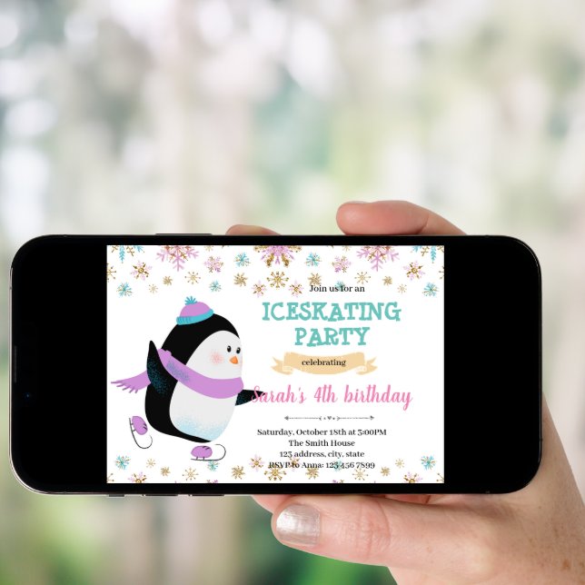 Winter penguin ice skating party invitation (Front Digital)