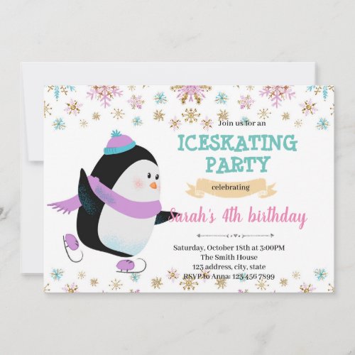 Winter penguin ice skating party invitation