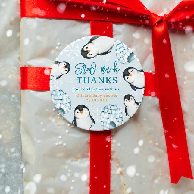 Winter penguin igloos snow baby shower thank you classic round sticker (Winter penguin igloos snow baby shower thank you classic round sticker)