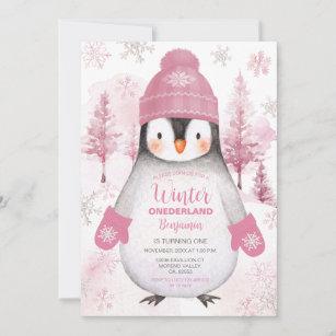 Winter Penguin knitted Hat Snowflakes Birthday Invitation