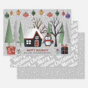 Winter penguin, Merry Christmas and snowflakes Wrapping Paper Sheets