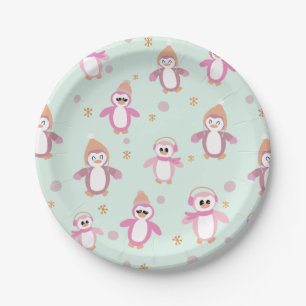 Winter penguin mint and pink holiday paper plates