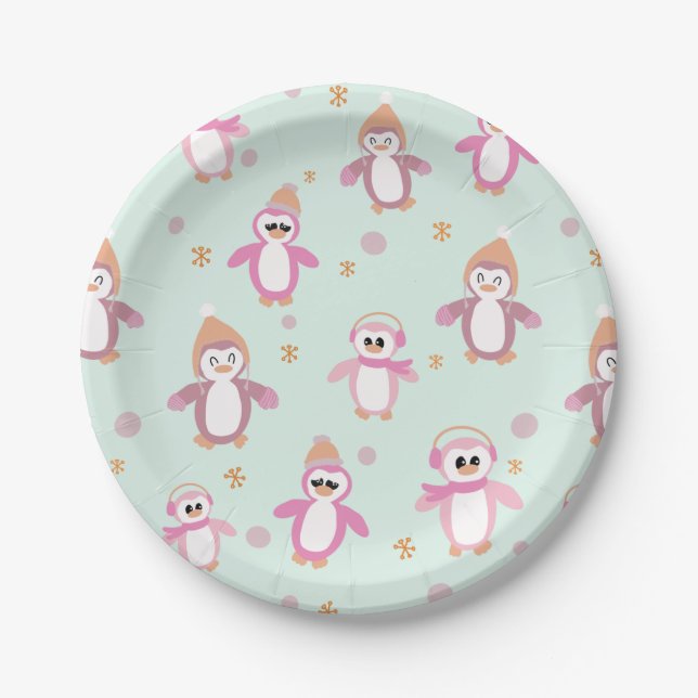 Winter penguin mint and pink holiday paper plates (Front)