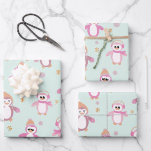 Winter penguin mint and pink holiday wrapping paper sheets