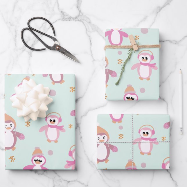 Winter penguin mint and pink holiday wrapping paper sheets (Front)