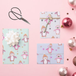 Winter penguin mint pink purple holiday  wrapping paper sheets