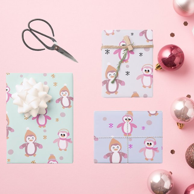 Winter penguin mint pink purple holiday  wrapping paper sheets (Creator Uploaded)