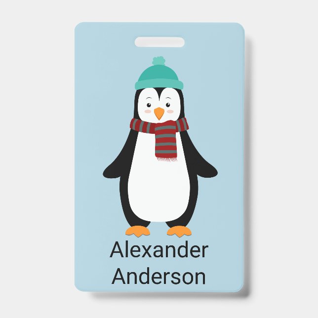 Winter Penguin Name Tag Personalize Badge (Front)
