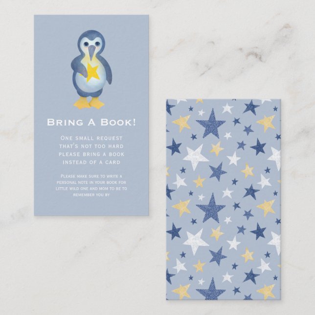 Winter Penguin North Star Baby Shower Book Request Enclosure Card (Front/Back)