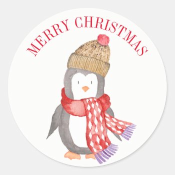 Winter Penguin Personalized Classic Round Sticker by DesignsActual at Zazzle