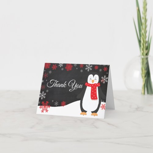 Winter Penguin Red Snowflake Thank You Card