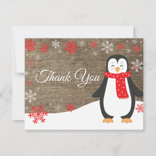 Winter Penguin Red Snowflake Thank You Card