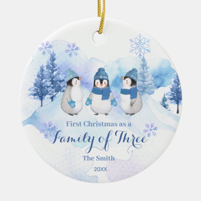 Winter Penguin Snow Christmas as a Family of Three Ceramic Ornament (Front)