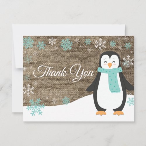 Winter Penguin Snowflake Aqua Thank You Card