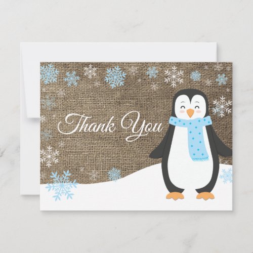 Winter Penguin Snowflake Blue Thank You Card