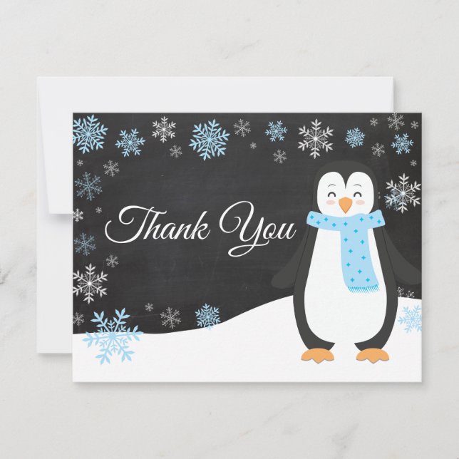 Winter Penguin Snowflake Blue Thank You Card (Front)