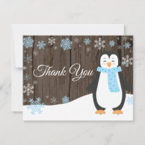 Winter Penguin Snowflake Blue Thank You Card