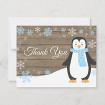 Winter Penguin Snowflake Blue Thank You Card