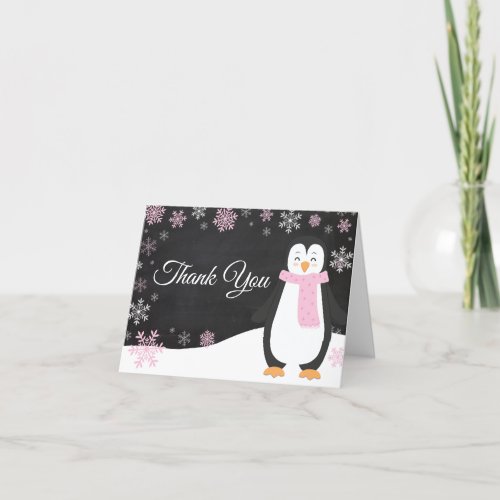 Winter Penguin Snowflake Pink Thank You Card