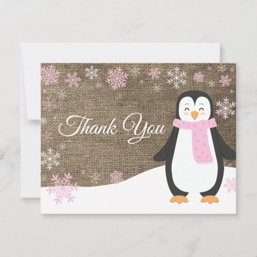 Winter Penguin Snowflake Pink Thank You Card