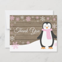 Winter Penguin Snowflake Pink Thank You Card