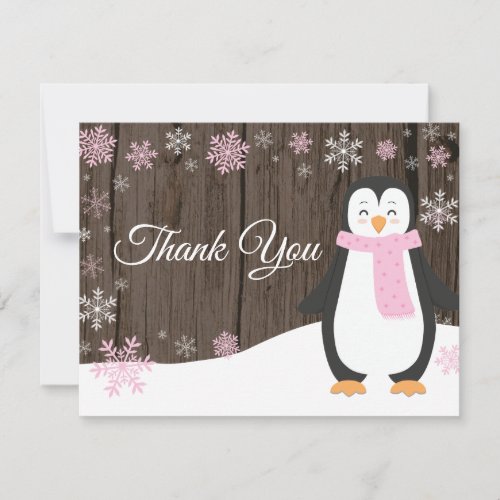 Winter Penguin Snowflake Pink Thank You Card