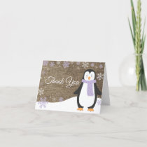 Winter Penguin Snowflake Purple Burlap Thank You Card