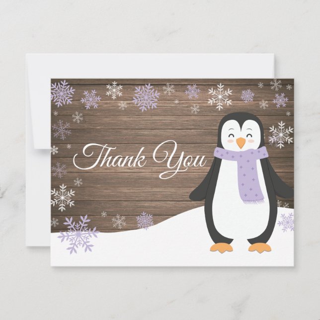 Winter Penguin Snowflake Purple Thank You Card (Front)