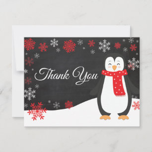 Winter Penguin Snowflake Red Thank You Card