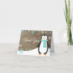 Winter Penguin Snowflake Teal Burlap Letterpress Thank You Card