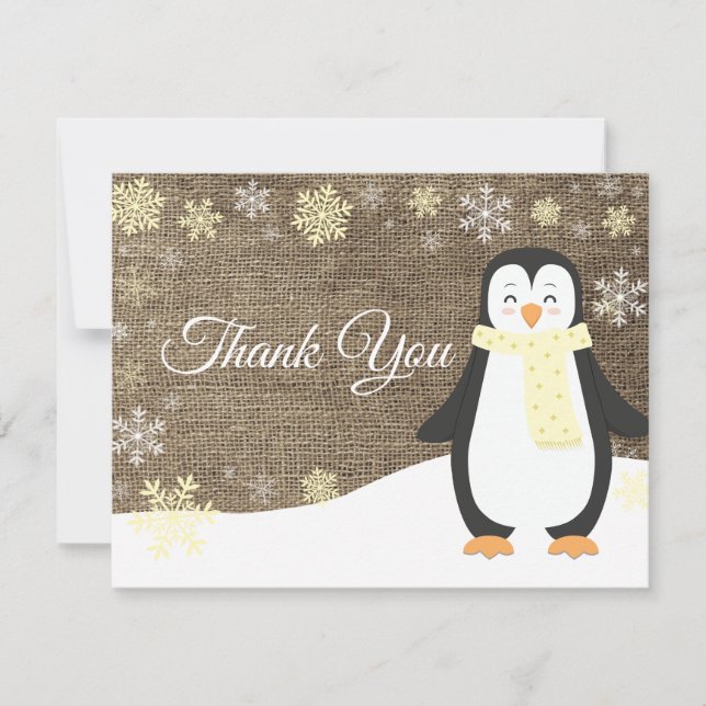 Winter Penguin Snowflake Yellow Thank You Card (Front)