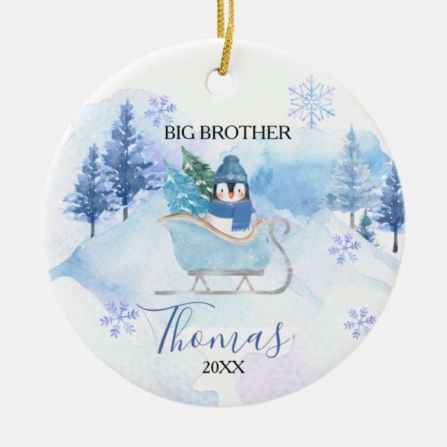 Winter Penguin Snowflakes Big Brother Christmas Ceramic Ornament (Front)