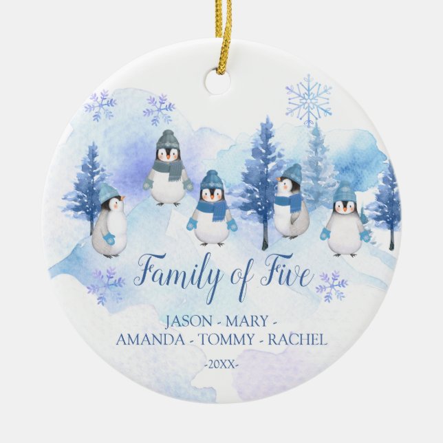 Winter Penguin Snowflakes Christmas Family of FIVE Ceramic Ornament (Front)