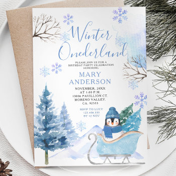 Winter Penguin Snowflakes Onederland 1st Birthday Invitation by HappyPartyStudio at Zazzle