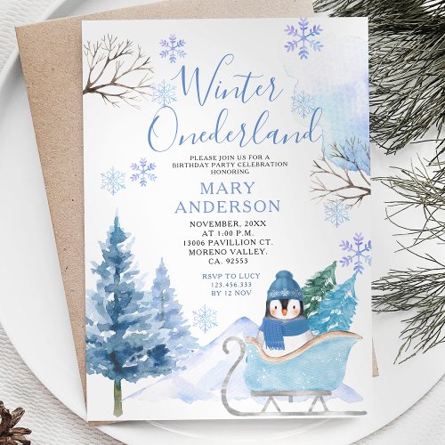 Winter Penguin Snowflakes Onederland 1st Birthday Invitation