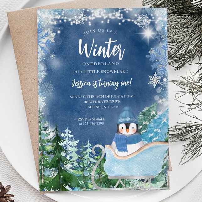 Winter Penguin Snowflakes Onederland 1st birthday Invitation (Creator Uploaded)