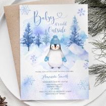 Winter Penguin Snowflakes Silver Blue Baby Shower  Invitation