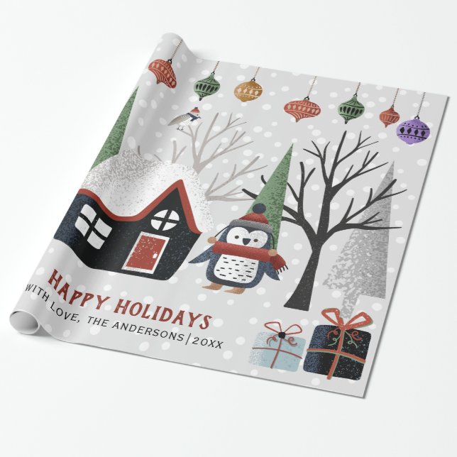 Winter penguin, trees and house Christmas holiday Wrapping Paper (Unrolled)