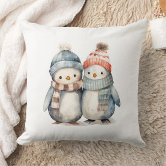 Winter Penguin Watercolor Throw Pillow