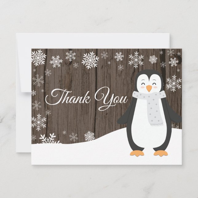 Winter Penguin White Snowflake Thank You Card (Front)