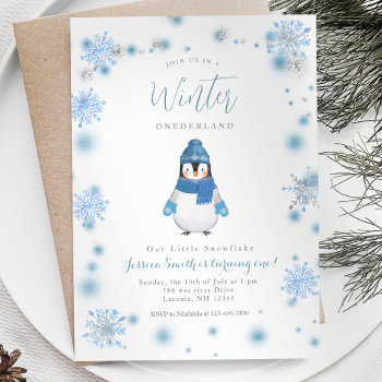 Winter Penguin Winter Onederland Snowflakes Invitation by HappyPartyStudio at Zazzle