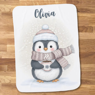 Winter Penguin with Cocoa Mug "Snow Cute!" Baby Blanket