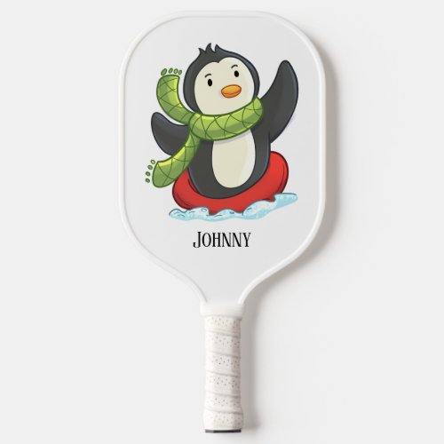 Winter Penguin with Green Scarf Red Snow Tube   Pickleball Paddle