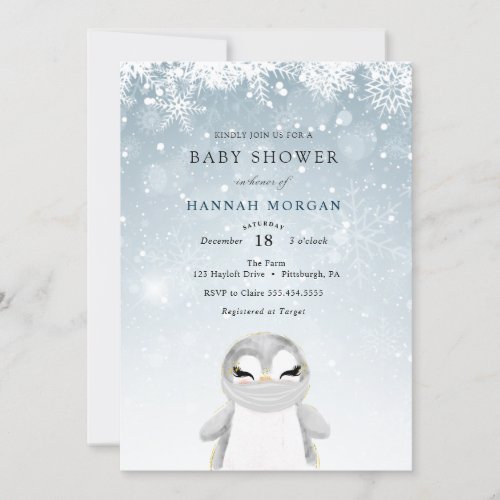 Winter Penguin with Mask Baby Shower invitation