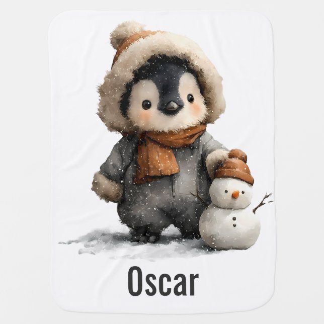 Winter Penguin with Snowman Design Baby Blanket (Front)
